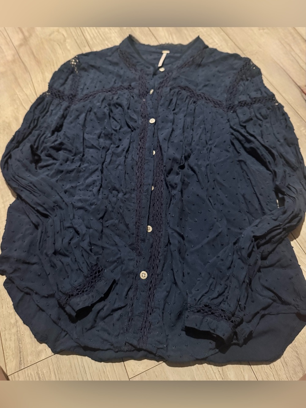 Free People Navy Blue Button-Down Swiss Dot Eyelet Blouse